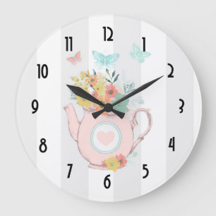 Pink Teapot with Flowers & Butterflies Große Wanduhr