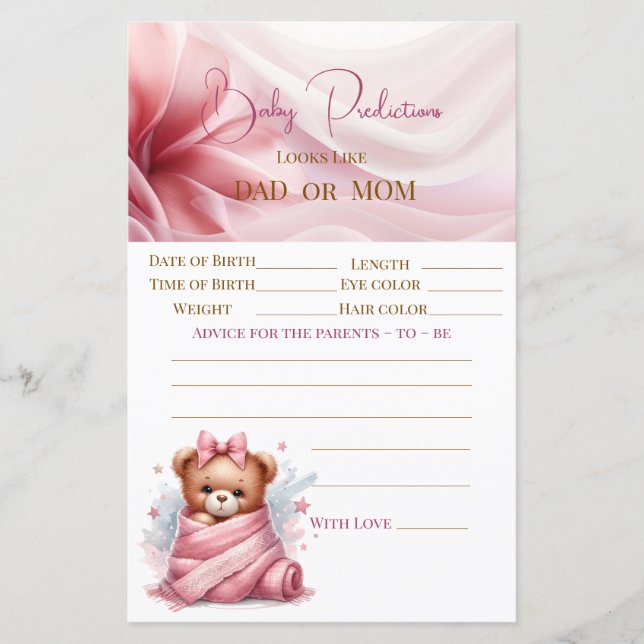 Pink Teddy Baby Predictions Card (Vorderseite)