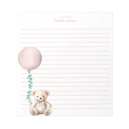 Pink Teddy Bär Ballon Personalisiert Notepad Notizblock (Vorderseite)