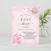 Pink Teddy Bär Girl Glitzer Blumenstühlen Kinderdu Einladung (Stehend Vorderseite)