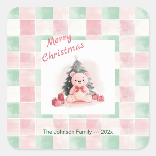 Pink Teddy Bär Niedlich Weihnachten Quadratischer Aufkleber (Vorderseite)
