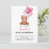 Pink Teddy Bären Balloons Erster Geburtstag Einlad Einladung (Stehend Vorderseite)