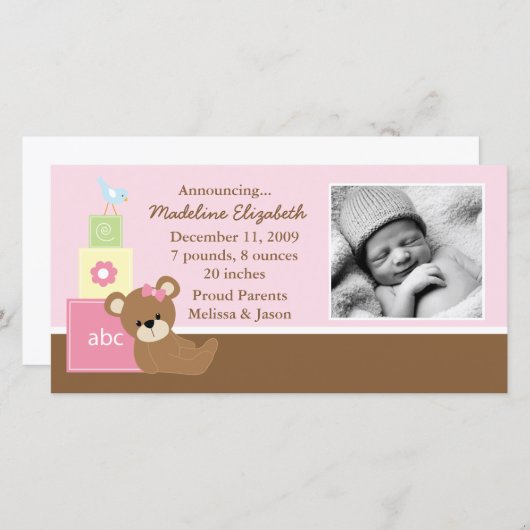 Pink Teddy Bären Foto Geburtserklärung Ankündigung (Vorne/Hinten)