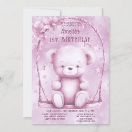 Pink Teddy Bear 1. Geburtstag Einladung