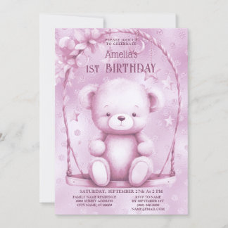 Pink Teddy Bear 1. Geburtstag Einladung