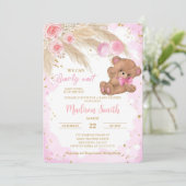 Pink Teddy Bear Baby Dusche einladen Einladung (Stehend Vorderseite)