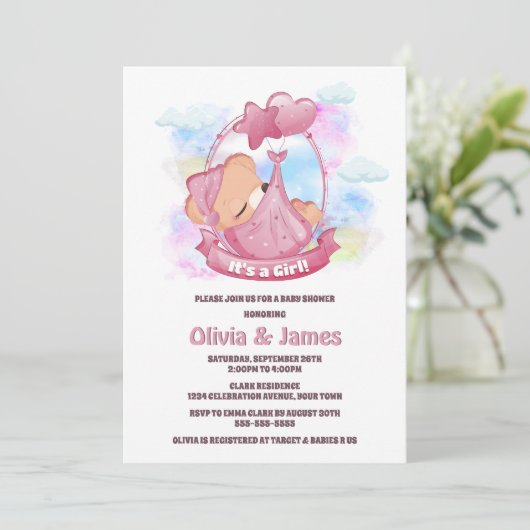 Pink Teddy Bear Baby Dusche Einladung (Stehend Vorderseite)