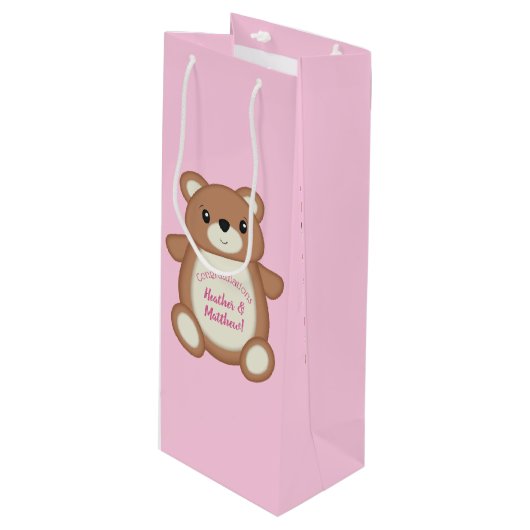 Pink Teddy Bear Baby Dusche Geschenktüte Für Weinflaschen (Vorderseite Schrägansicht)