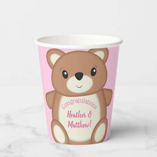 Pink Teddy Bear Baby Dusche Pappbecher (Rückseite)