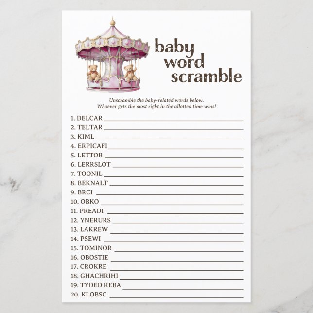 Pink Teddy Bear Baby Dusche Word Scramble Spiel (Vorderseite)