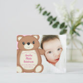 Pink Teddy Bear Baby Geburtsankündigung Postkarte (Stehend Vorderseite)