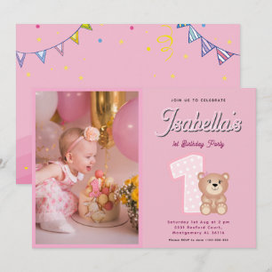 Pink Teddy Bear Baby Girl 1. Geburtstag Einladung