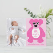 Pink Teddy Bear Baby Girl Birth Annoucement Einladung (Stehend Vorderseite)