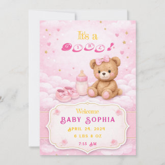 Pink Teddy Bear Baby Girl Birth Announcement Card Einladung
