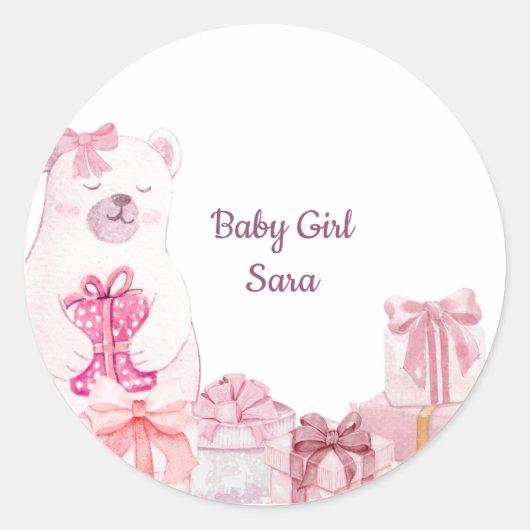Pink Teddy Bear Baby Shower Favor Sticker (Vorderseite)