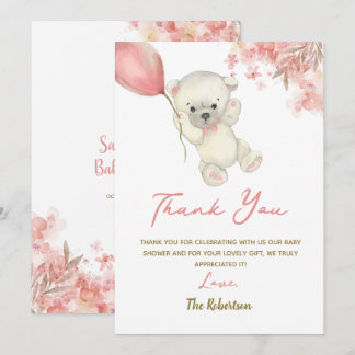Pink Teddy Bear Baby Shower | Floral Baby Girl Dankeskarte