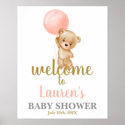 Pink Teddy Bear Baby Shower Girl Begrüßungszeichen Poster (Vorne)