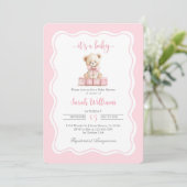 Pink Teddy Bear Baby Shower Girl Einladung (Stehend Vorderseite)