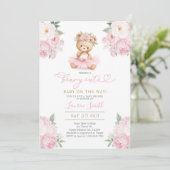 Pink Teddy Bear Baby Shower Girl Einladung (Stehend Vorderseite)