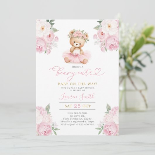 Pink Teddy Bear Baby Shower Girl Einladung (Stehend Vorderseite)