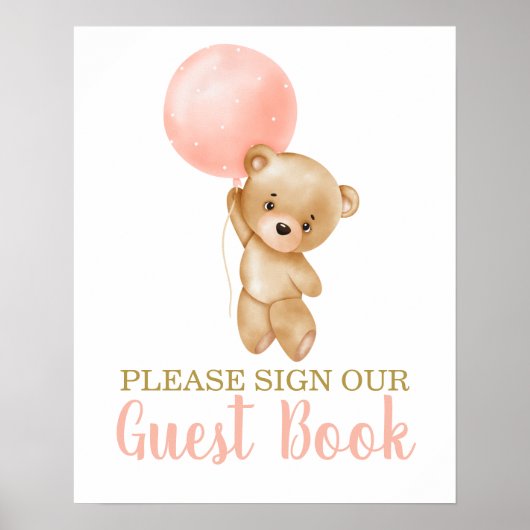 Pink Teddy Bear Baby Shower Girl Sign Guest Book Poster (Vorne)