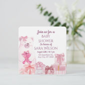 Pink Teddy Bear Baby Shower Invitation Einladung (Stehend Vorderseite)