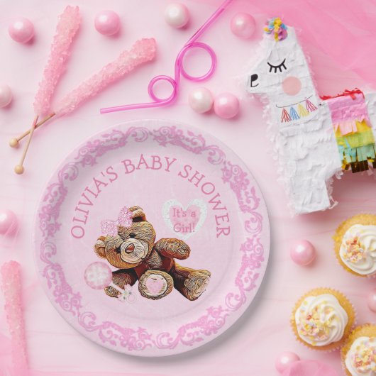 Pink Teddy Bear Babydusche Teller (Party)