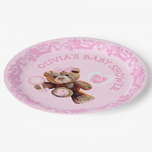 Pink Teddy Bear Babydusche Teller (Schrägansicht)
