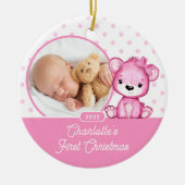 Pink Teddy Bear Baby's First Christmas Foto Keramik Ornament (Vorne)