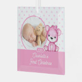 Pink Teddy Bear Baby's First Christmas Foto Ornament Aus Glas (Vorderseite links)