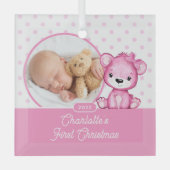 Pink Teddy Bear Baby's First Christmas Foto Ornament Aus Glas (Vorderseite)