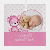 Pink Teddy Bear Baby's First Christmas Foto Ornament Aus Glas (Rückseite)