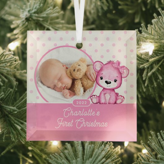Pink Teddy Bear Baby's First Christmas Foto Ornament Aus Glas (Insitu)