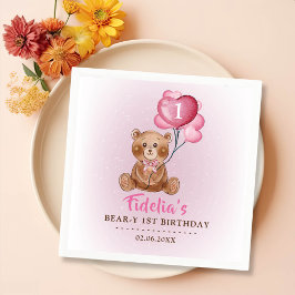 Pink Teddy Bear Balloon 1. Geburtstag Serviette
