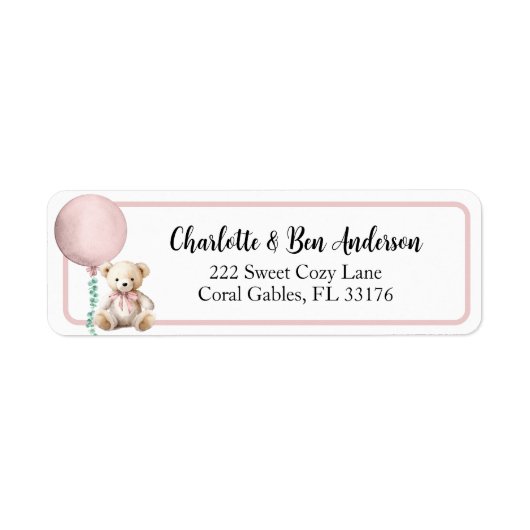 Pink Teddy Bear Balloon Address Label (Vorne)