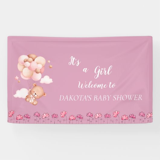 Pink Teddy Bear Balloon Babydusche Banner (Horizontal)