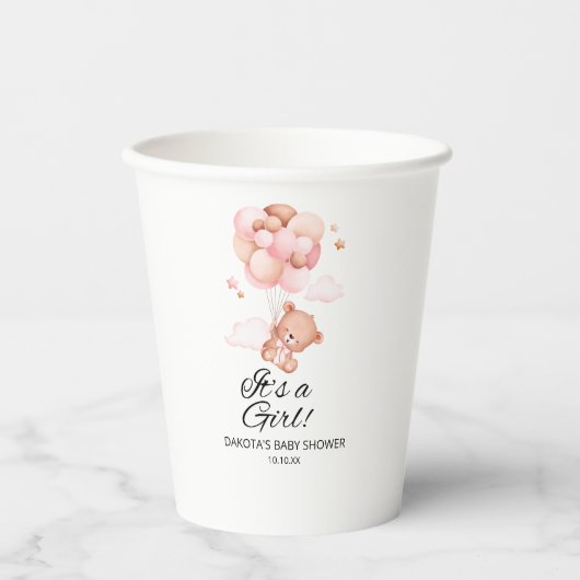 Pink Teddy Bear Balloon Babydusche Pappbecher (Vorderseite)