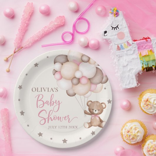 Pink Teddy Bear Balloon Babydusche warten Pappteller (Party)