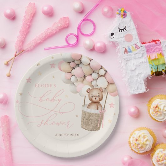 Pink Teddy Bear Balloon Babydusche warten Pappteller (Party)