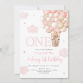 Pink Teddy Bear Balloon Beary First Birthday Einladung (Vorderseite)