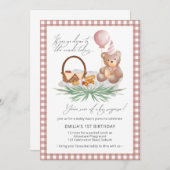 Pink Teddy Bear Balloon Picnic 1. Geburtstag Einladung (Vorne/Hinten)