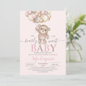 Pink Teddy Bear Balloons Baby Shower Girl Einladung (Stehend Vorderseite)