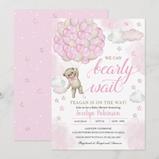 Pink Teddy Bear Balloons Babydusche Einladung (Vorne/Hinten)
