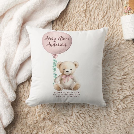 Pink Teddy Bear Birth Stats Baby Pillow Kissen (Decke)