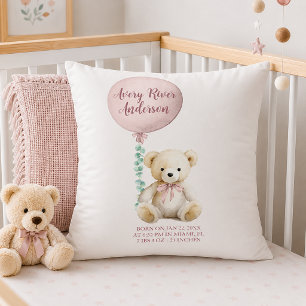 Pink Teddy Bear Birth Stats Baby Pillow Kissen