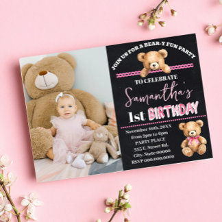 Pink Teddy Bear Birthday Beary Fun Geburtstagspart Einladung