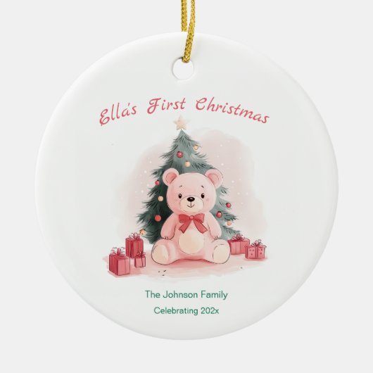 Pink Teddy Bear Erste Weihnachtsfeier Keramik Ornament (Vorne)