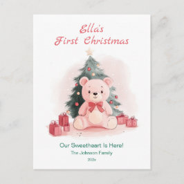 Pink Teddy Bear First Christmas Postcard Feiertagspostkarte