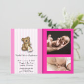 Pink Teddy Bear Foto Kinderankündigung Einladung (Stehend Vorderseite)
