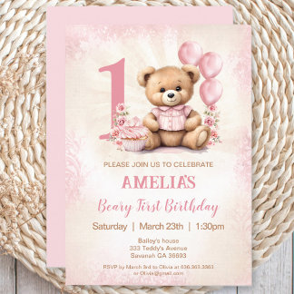 Pink Teddy Bear Girl 1. Geburtstag Einladung